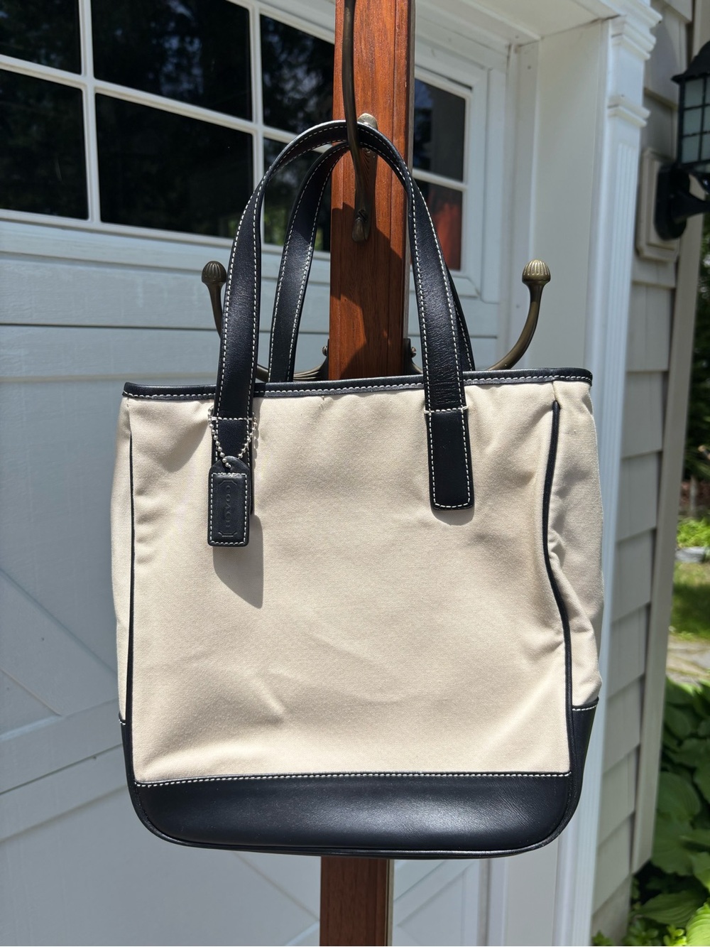 Vintage Coach Hamptons Large Tote Bag Linen/Canvas Cream/Black Leather #7707